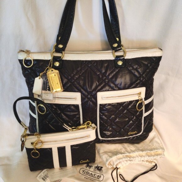 Coach Poppy Ski Bunny Glam Quilted Nylon & Patent Tote & Wristlet Bundle, EUC